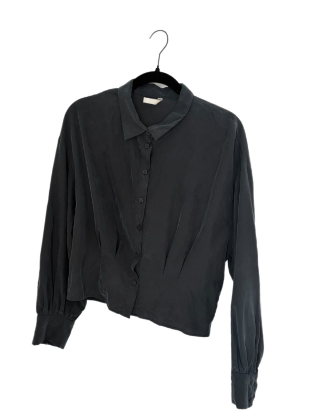 Zara TRF Cropped Satin Button Up Shirt Charcoal Gray Size M